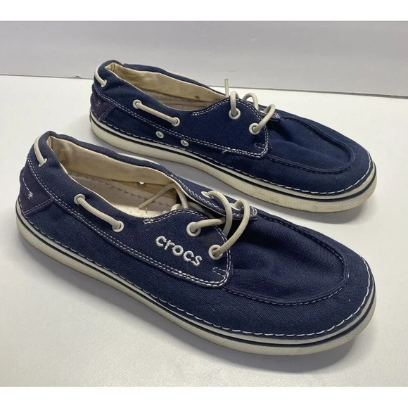 CROCS Shoes - Crocs Shoes Women 10 Hover Boat Nautical Navy Blue Canvas Slip on Loafers